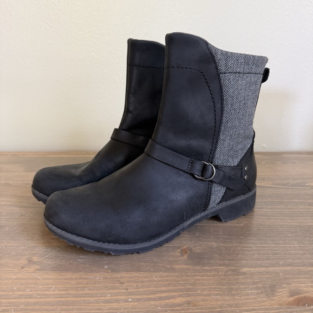 Eddie Bauer Womens 9 Black Leather Tweed W. Covey Ankle Boots Side Zip
